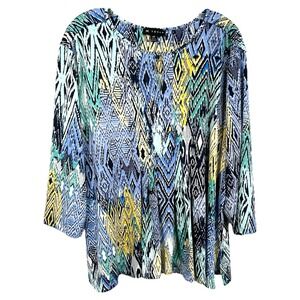 N Touch Plus‎ Size 2X Top Blue Abstract Print 3/4 Sleeve Keyhole Blouse 745